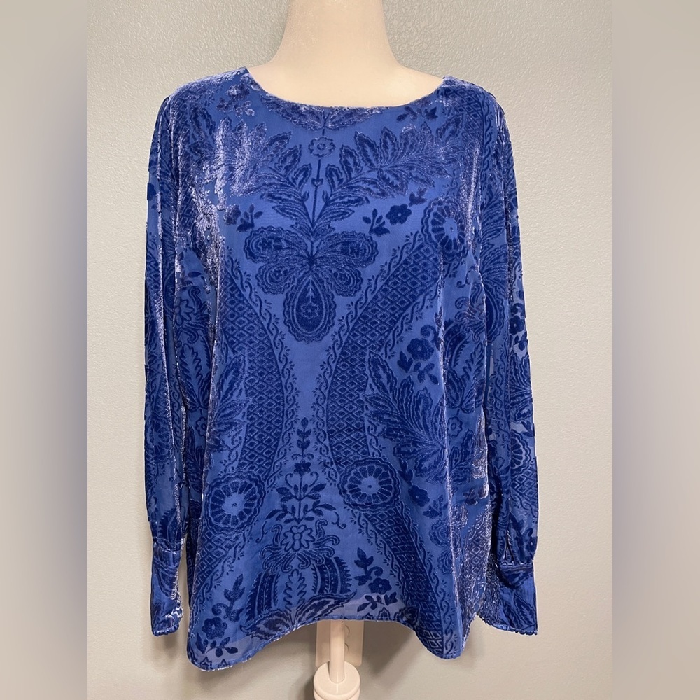 Soft Surroundings Sapphire Blue Velvet Burnout Vanetta Top Artsy Boho XL - Picture 3 of 12